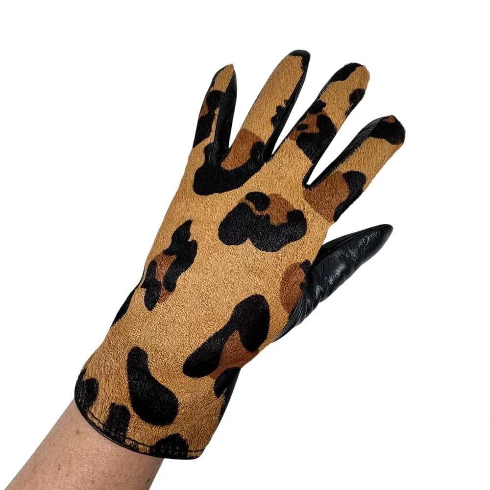 New Chicos Black Label Leopard Gloves S Black Leather Pony‎ Hair Mob Wife Chic